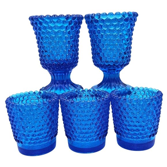 Hobnail Cobalt Blue Glass Votive Candle Holders Mixed Set Of 5 - Picture 1 of 15
